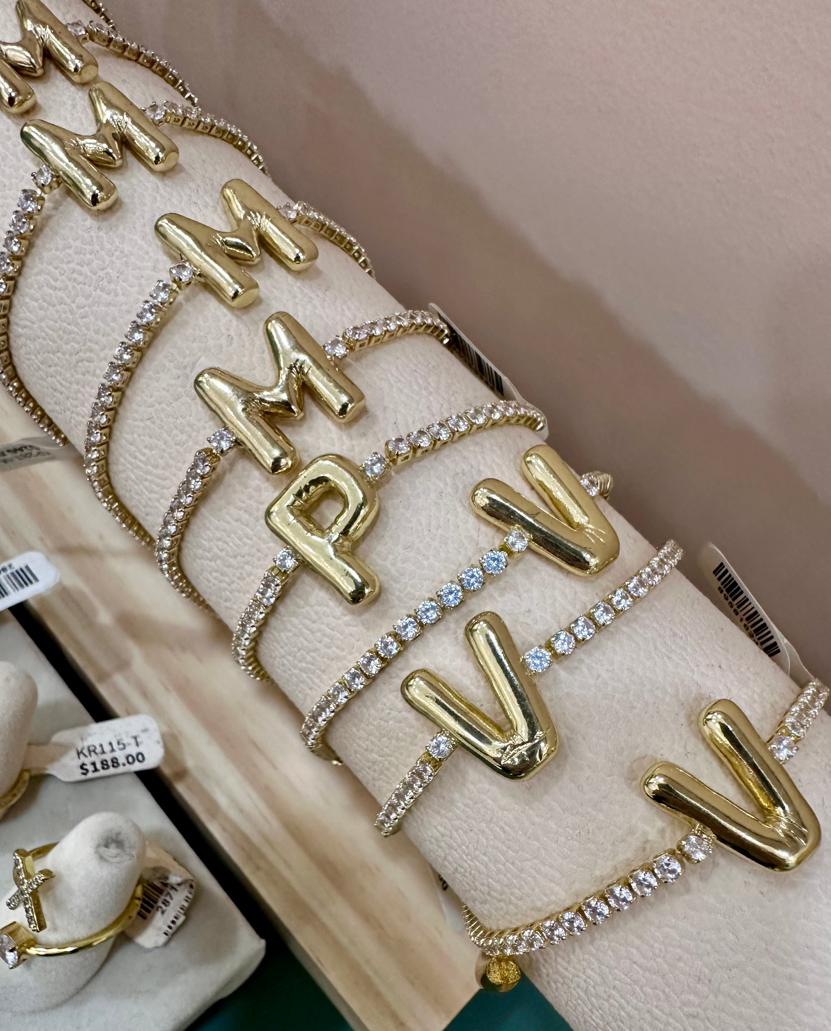 tennis bracelet with bubble letter